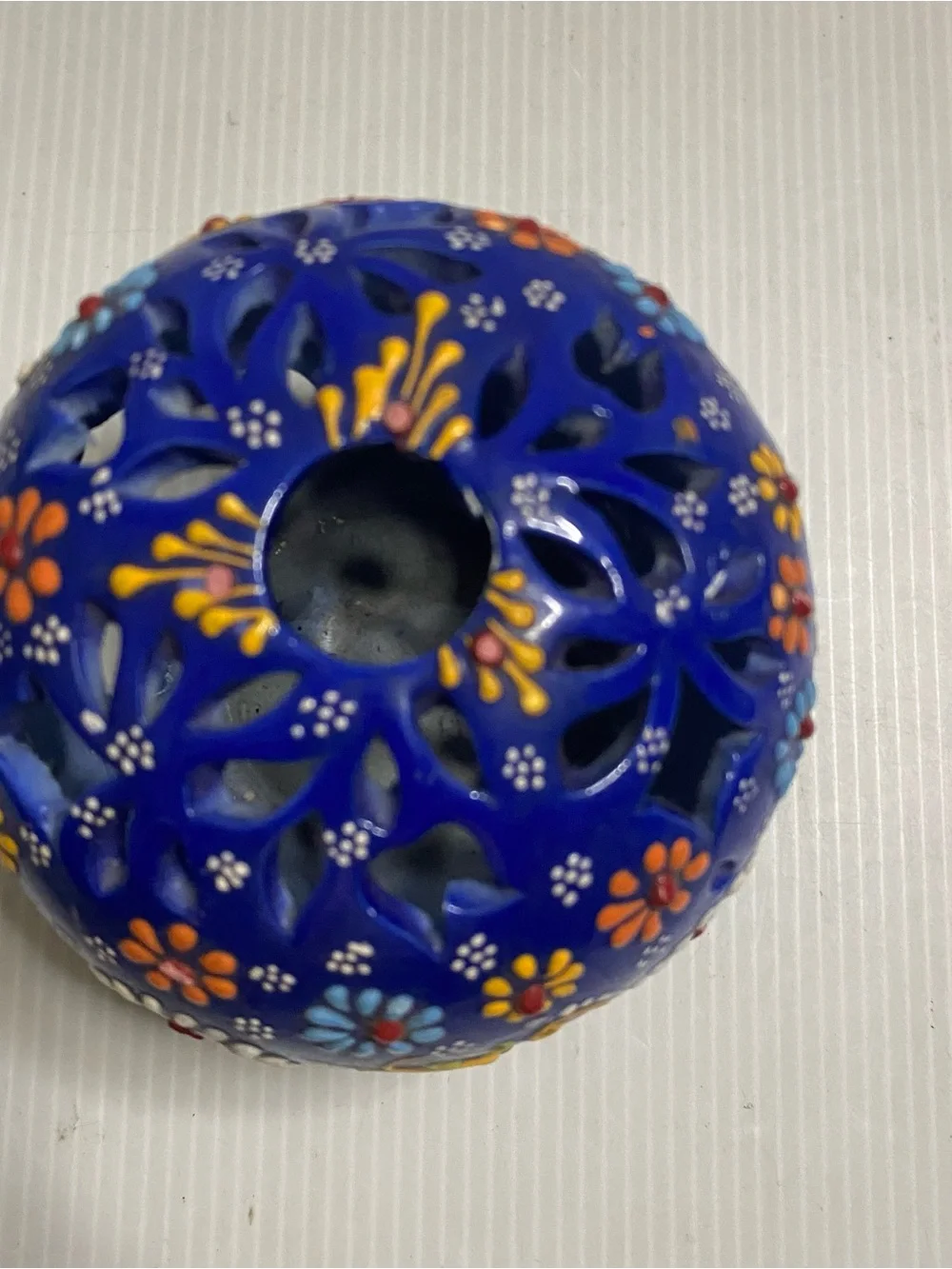 Hand-Painted Blue Floral Ceramic Tea Light Candle Lantern Decorative Home Decor